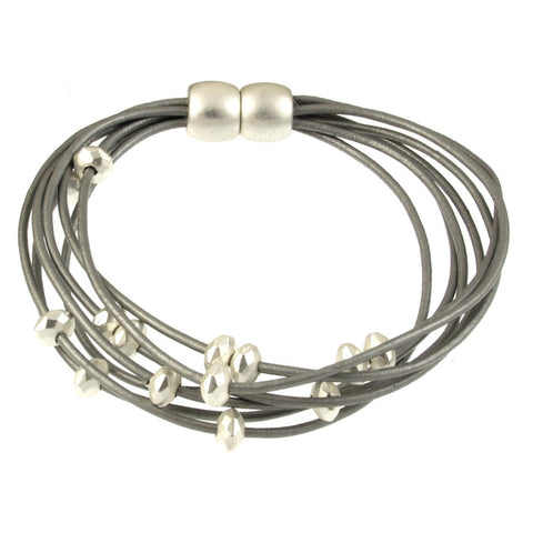 Silver/Light Grey Petite Bead Magnetic Leather Bracelet
